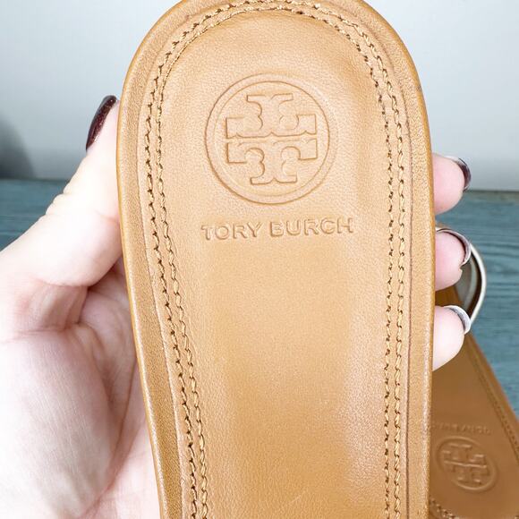 Tory Burch Leather Stitched Logo Slide Heeled Sandal Cognac Brown 9 - Picture 7 of 9